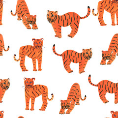 Seamless pattern with funny orange tigers on white background