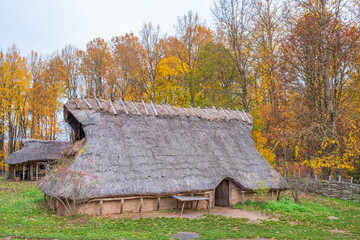 Prehistoric Longhouse at the forest edge in autumn colours
