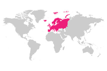 Europe continent pink marked in grey silhouette of World map. Simple flat vector illustration.