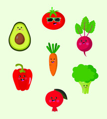 set of cute vegetables with cartoon faces