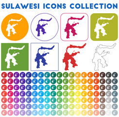 Sulawesi icons collection. Bright colourful trendy map icons. Modern Sulawesi badge with island map. Vector illustration.
