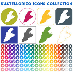 Kastellorizo icons collection. Bright colourful trendy map icons. Modern Kastellorizo badge with island map. Vector illustration.