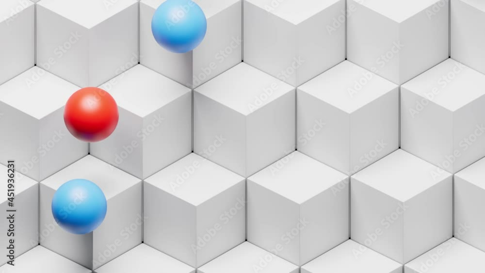 Poster two colored balls jumping and rolling down on white cubes. loopable abstract pattern-based backgroun