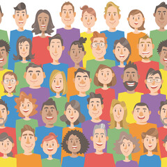 Seamless pattern with group of smiling people. Concept of diversity, inclusion, rainbow, global, pride. Vector illustration in flat cartoon style.