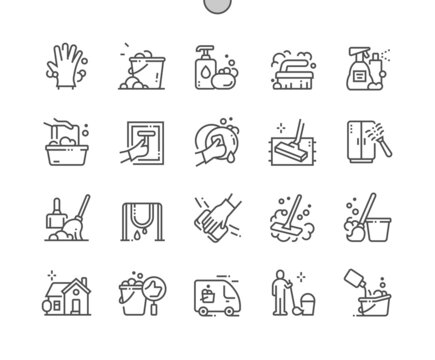 Cleaning. Furniture cleaning. Wash dishes. Cleaning worker. Carpet cleaning. Pixel Perfect Vector Thin Line Icons. Simple Minimal Pictogram