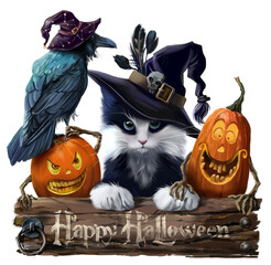 Wizard cat, raven and Halloween pumpkins - obrazy, fototapety, plakaty