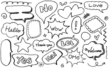 Hand drawn set of cute speech bubbles with text in doodle style. vector illustration