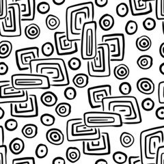 Hand drawn abstract shapes seamless pattern. Black and white background.