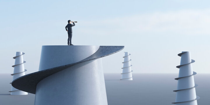 高い塔の頂上で望遠鏡をのぞき込むビジネスマン / 未来への展望・長期的視野・大局的視点・戦略的思考の3Dレンダリンググラフィックス