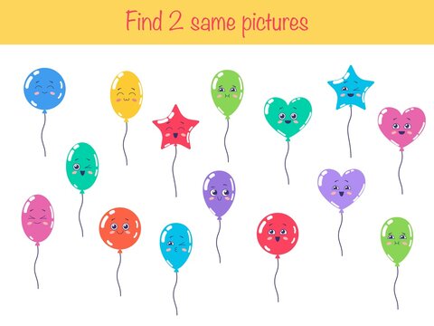 Find the same pictures - children educational game with different cute balloons with happy faces. Vector illustration