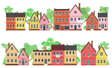 Town street view with cute colorful tiny houses. Vector clip art with buildings facades. Small houses with chimney and balcony and trees on the background. Big collection