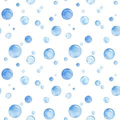 Watercolor blue circles seamless pattern. Hand drawn round shapes background. Painted water bubbles. Undersea design