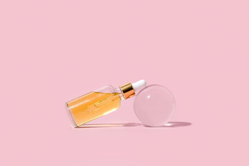 Dropper glass bottles with pipette. Transparent hyaluronic natural beauty product and eco serum skin care concept. Top horizontal view copyspace.