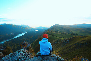 guy mountains sitting, male tourist travel active summer