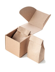 A set of paper bags for bulk products from kraft paper and boxes for transportation. White background. Isolated.