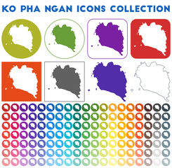 Ko Pha Ngan icons collection. Bright colorful trendy map icons. Modern Ko Pha Ngan badge with island map. Vector illustration.