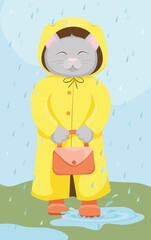Child in a rain. Kitten in yellow raincoat walks through the puddles. Cute vector illustration for children. 