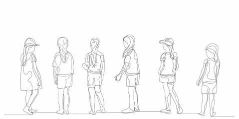 one line drawing children, guys isolated vector