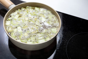 homemade boiled bitter gourd or balsam pear in pan on oven, gourmet food recipe, good work from home lunch idea, shallow depth of field