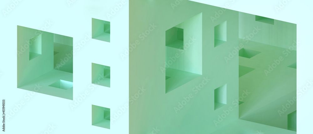 Poster abstract architecture background and minimal geometric shapes with origami paper art on green. websi