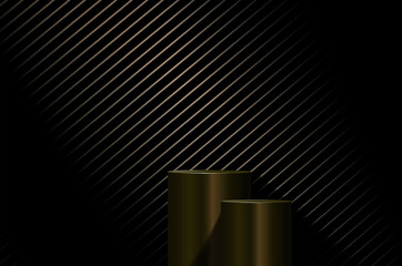 Abstract 3D glowing, gold round pedestal podium with strips backdrop.