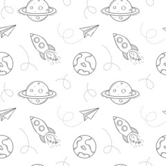 Fototapeta premium Seamless pattern with space objects, rocket, plane, air trail, planet, earth, saturn. Hand-drawn outline elements. Monochrome design. Black and white vector illustration on a white background.
