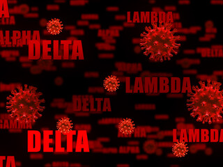 Random strains of Covid-19 virus, represented in red words and virus illustrations. Conceptual word...