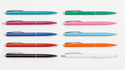 Close-up plastic pens on a white background.
