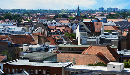 Aerial view of the city center of Braunschweig, Germany, with narrow buildings and close roofs of...
