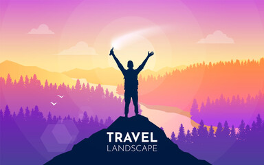 Man on top. Holding firecracker in his hand. Travel concept of discovering, exploring, and observing nature. Hiking tourism. Adventure. Minimalist graphic flyer. Polygonal flat design. Vector