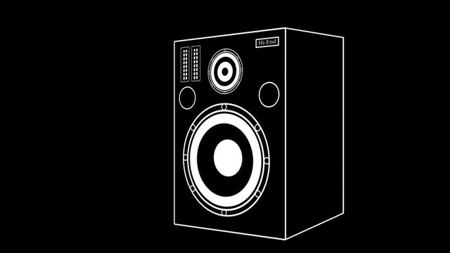A white line art drawing of a thumping bass speaker on an alpha channel background.