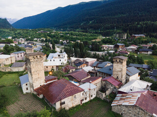 Obraz premium Svaneti Mestia Georgia mountains history towers beautiful old town and nature aerial drone photo