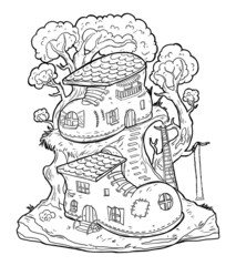 Fototapeta premium Landscape scene with trees and shoes houses. Cartoon vector illustration