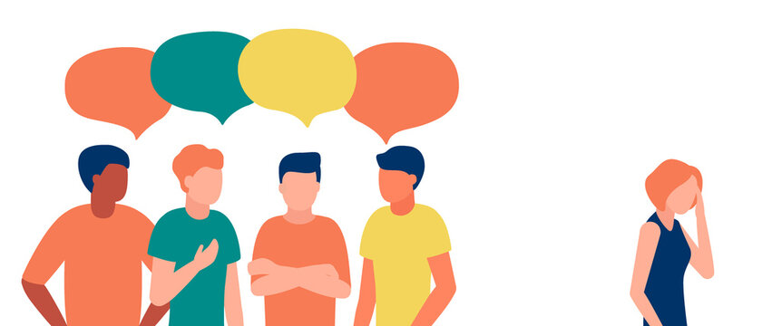Group of people man communicate, ignoring, bullying, shaming, hate, abuse woman outcast. Loneliness, ignore, discrimination, indifference girl. Isolation, rejection of human in society. Vector