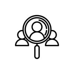 Recruitment service thin line icon, human resources, looking for employee with magnifying glass, candidate searching. Employment. Vector illustration.