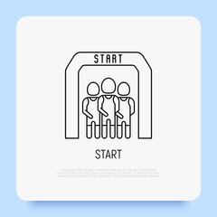 Runners at start thin line icon. Modern vector illustration.