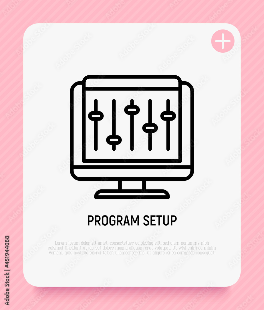 Aufkleber program setup thin line icon, settings on pc. software installation. modern vector illustration.