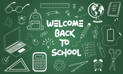 Welcome back to school, chalk-writing text and education icons on chalkboard. Vector illustration.