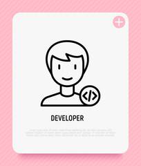 Developer, coder, programmer thin line icon, avatar of man with program code. Modern vector illustration.