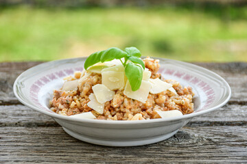 Italian  bolognese risotto with parmesan cheese on rustic background