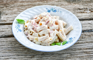   Gluten free Chickpea pasta.Fresh  low carb  high protein pasta rigatoni alla carbonara with  cream sauce  , becon  egg, parmesan cheese ,olive oil and black pepper) 