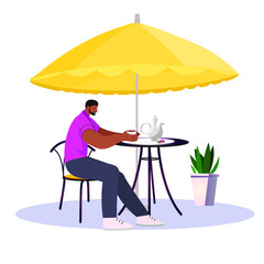 The man sitting at a table in a street caf&eacute; or restaurant vector flat illustration. Man waiting for a date.