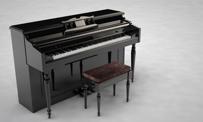 Piano with a chair on a white background 3d render