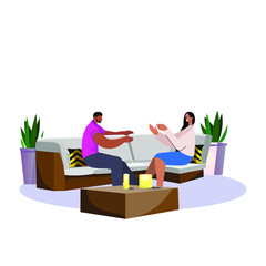 Happy romantic conversation of a couple sitting and relaxing on a cozy sofa. Discussion, couple, Flat Vector Illustration.