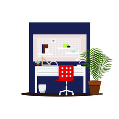 Office Interior Vector illustration with a computer, desk, chair, Lamp, and Flowerpot. Workplace home office concept. Vector illustration