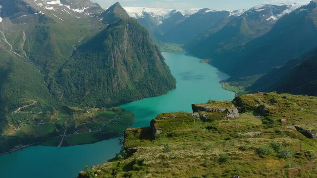 Lake Oldevatnet And Oldevatn Campground In Oldedalen Valley. View From Klovane Peak In Olden, Norway. aerial