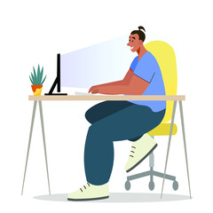 Freelancer working from home. Young programmers concentrated on working on a  computer. Developing programming and coding technologies. Flat Vector Illustration.