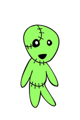 Vector cute green zombie in cartoon flat doodle style. Vector green icon, clipart isolated on white background. Theme of Happy Halloween, death, dead