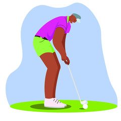 One Man Golf golfer golfing Flat Design isolated Vector Illustration. Professional player practicing confidence. Sport, motion, action concept.