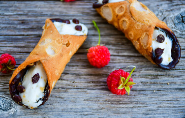  Sicilian cannoli . Тypical  italian   home made dessert with ricotta cheese, chocolate and...